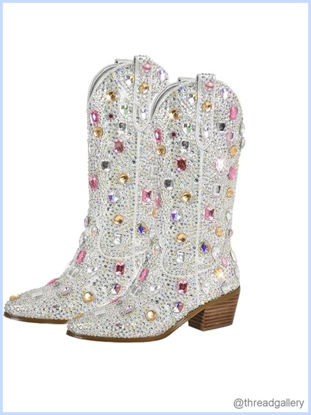 Rhinestones Sparkly Knee High Cowgirl Boots Faux Suede Pull On Block Heel
